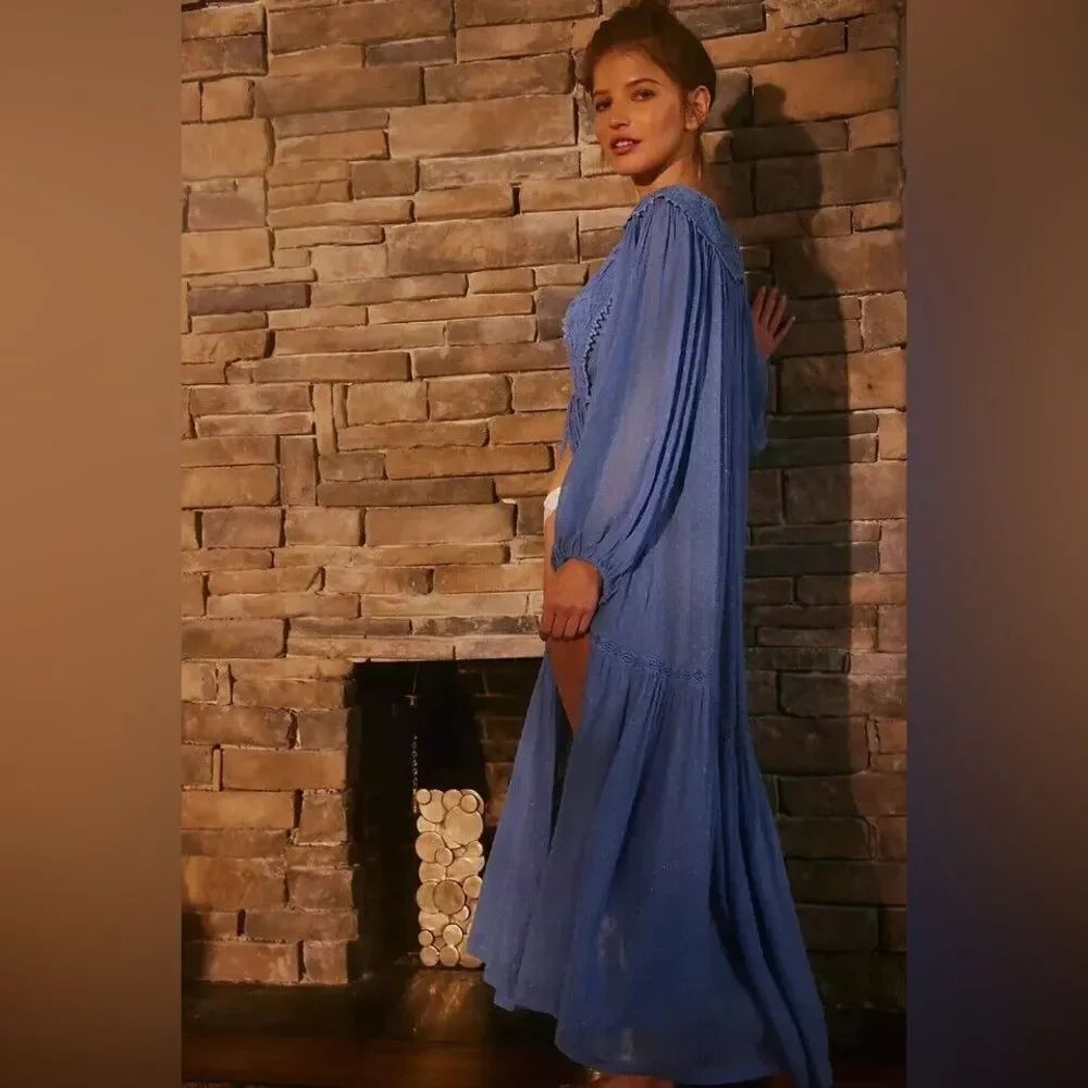 Free People Intimately Spring Fling Robe Maxi Provence Blue - Picture 3 of 4